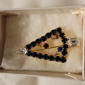 Christmas Tree Holiday Green Red Blue Clear Faux Stones Gold Tone Brooch Pin